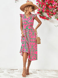 Printed V-Neck Cap Sleeve Dress