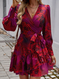 Ruffled Printed Surplice Long Sleeve Mini Dress