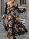 Ruffled Printed Surplice Long Sleeve Midi Dress