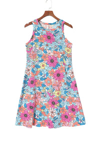 Mini vestido floral sin mangas con cuello redondo multicolor