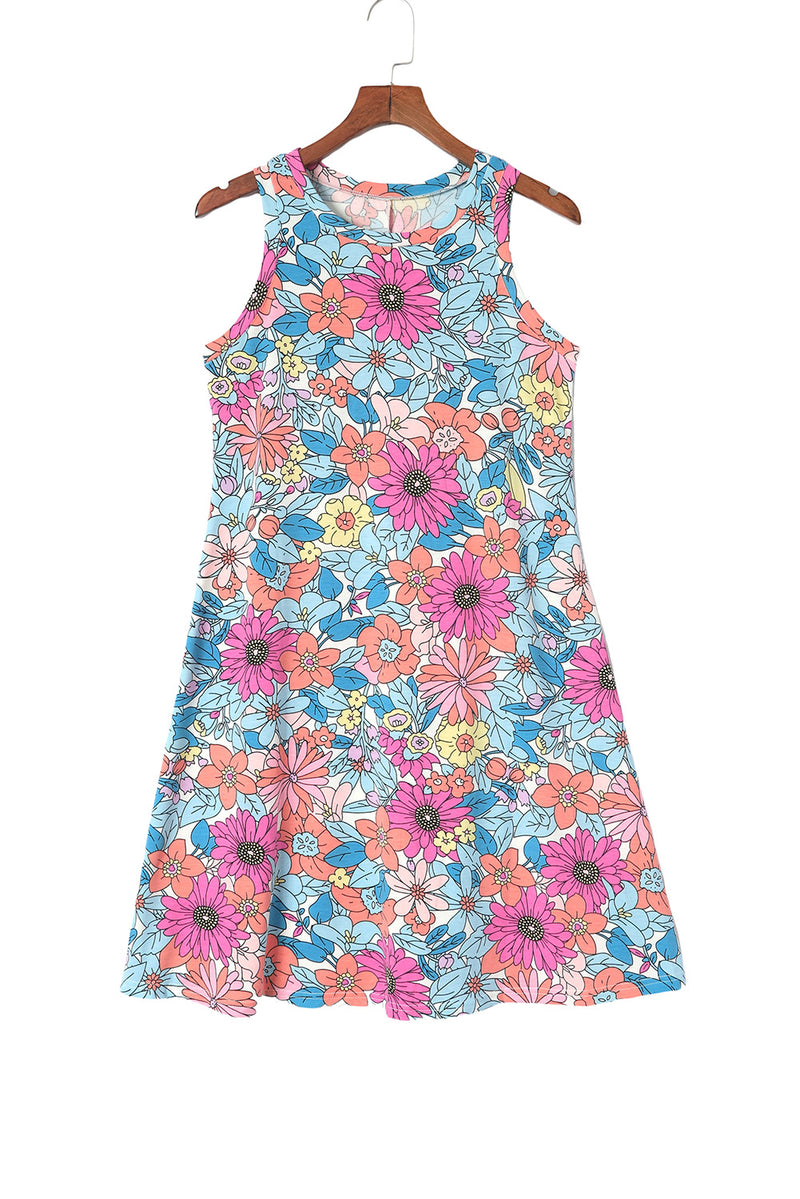 Mini vestido floral sin mangas con cuello redondo multicolor