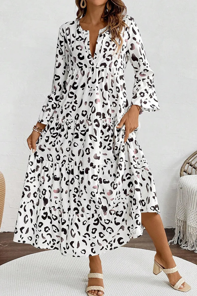 Vestido de manga tres cuartos con muescas y leopardo escalonado