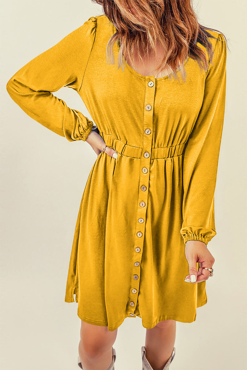 Yellow Button Up High Waist Long Sleeve Dress