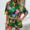 Shiny Floral Print Round Neck Dropped Shoulder Half Sleeve Top and Shorts Set