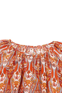 Orange Western Pattern Print Lantern Sleeve Drawstring Mini Dress