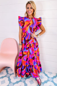 Orange Abstract Printed High Waist Ruffle Tiered Long Dress