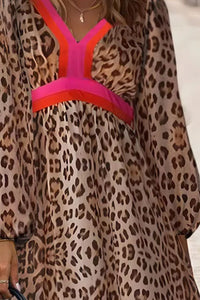 Vestido maxi de manga larga con escote en V de leopardo