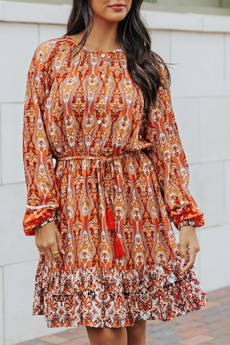 Orange Western Pattern Print Lantern Sleeve Drawstring Mini Dress