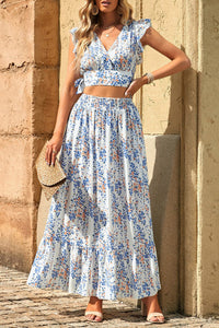 White Floral Ruffled Crop Top and Maxi Skirt Set