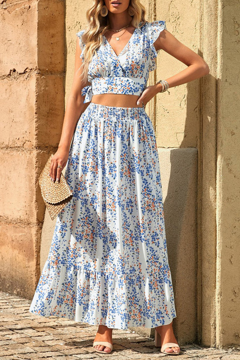 White Floral Ruffled Crop Top and Maxi Skirt Set