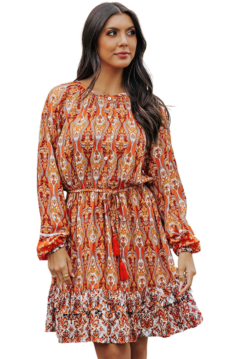 Orange Western Pattern Print Lantern Sleeve Drawstring Mini Dress