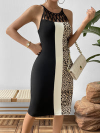 Leopard Color Block Cutout Sleeveless Knee-Length Dress