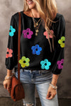 Blusa de Cuello Redondo con Flores de Lentejuelas