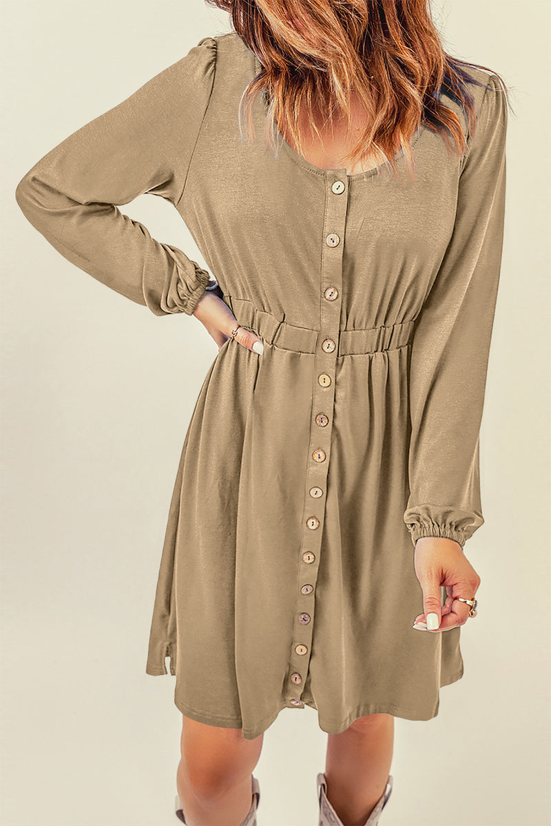 Khaki Button Up High Waist Long Sleeve Dress