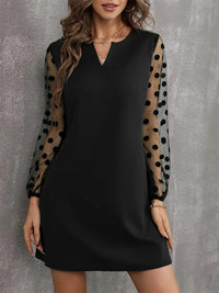 Polka Dot Notched Long Sleeve Dress