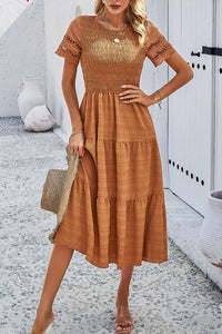 Devine Smocked Round Neck Short Sleeve Midi Dress