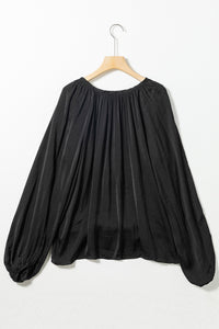 Black Tie V Neck Pleated Puff Sleeve Satin Blouse