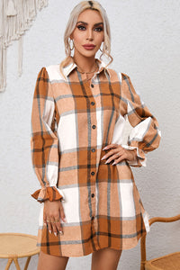 Khaki Plaid Pattern Collared Neck Ruffled Sleeve Shirt Dress