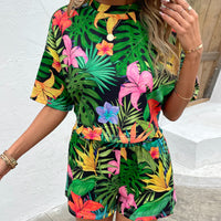 Shiny Floral Print Round Neck Dropped Shoulder Half Sleeve Top and Shorts Set