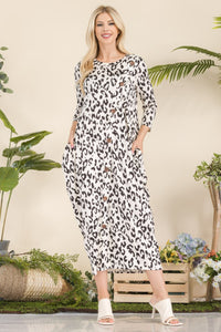 Vestido Celeste de tamaño completo con contraste de leopardo y bolsillos