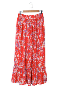 Fiery Red Multicolor Floral Ruffled Crop Top and Maxi Skirt Set