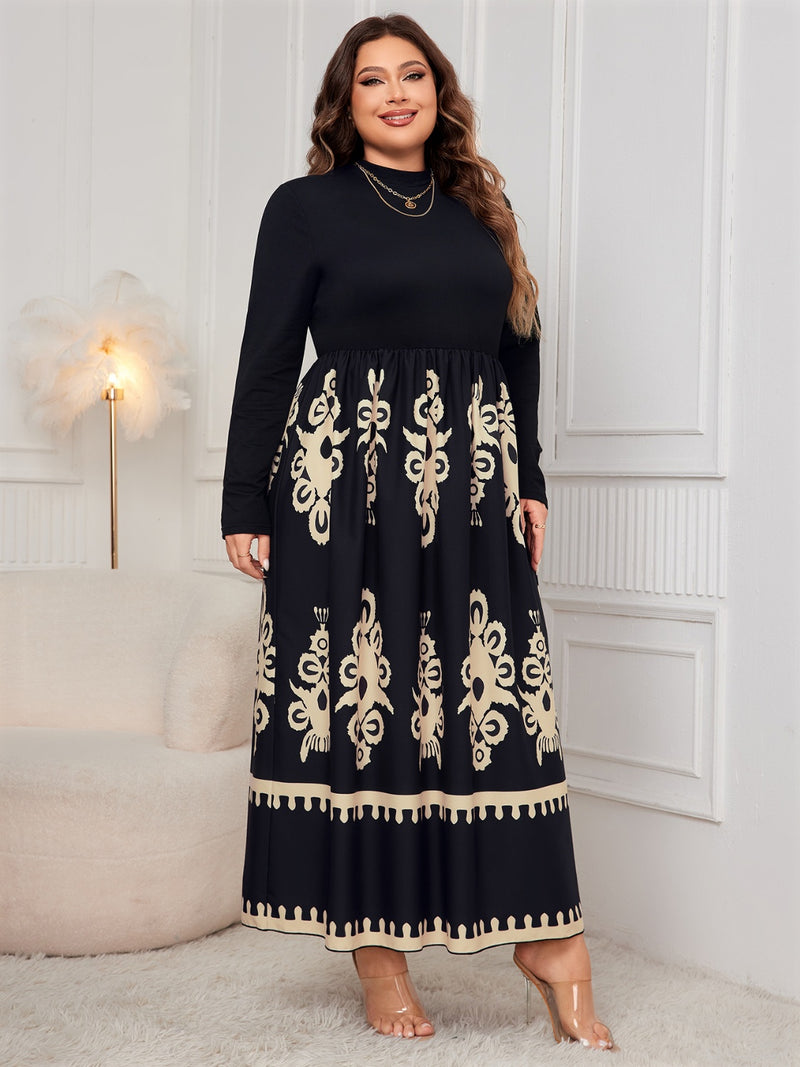 Plus Size Printed Mock Neck Long Sleeve Dress