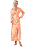 Orange Boho Floral Wrap V Neck Tie Long Sleeve Dress