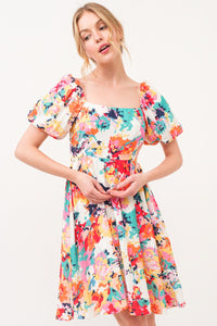 And The Why Vestido floral con mangas abullonadas y cuello cuadrado