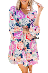 Multicolor Bracelet Bubble Sleeve Blooming Flower Print Dress