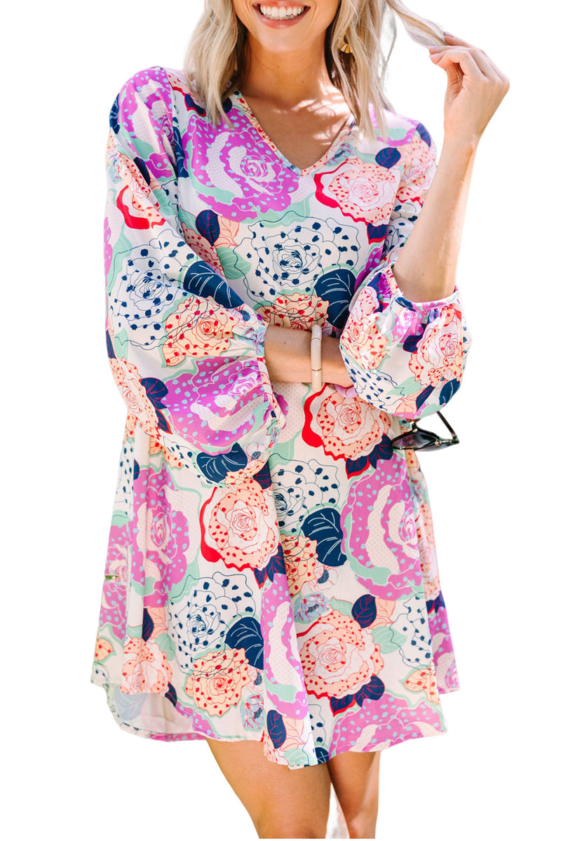 Multicolor Bracelet Bubble Sleeve Blooming Flower Print Dress