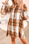 Khaki Plaid Pattern Collared Neck Ruffled Sleeve Shirt Dress