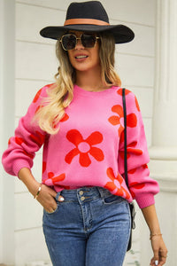 Angel Wings Floral Print Round Neck Dropped Shoulder Pullover Sweater