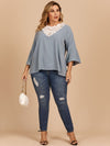 Plus Size Contrast Spliced Lace Three-Quarter Sleeve Blouse