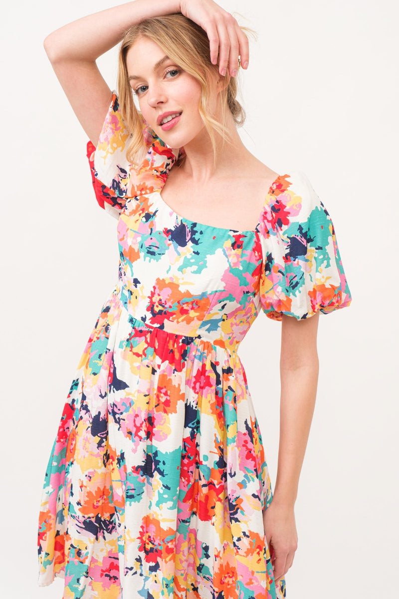 And The Why Vestido floral con mangas abullonadas y cuello cuadrado