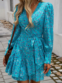 Ruffled Printed Surplice Long Sleeve Mini Dress