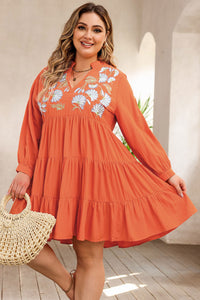 Orange Plus Size Embroidered Tiered Ruffle Dress