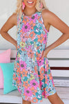 Mini vestido floral sin mangas con cuello redondo multicolor