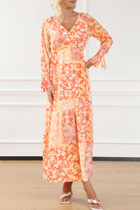 Orange Boho Floral Wrap V Neck Tie Long Sleeve Dress