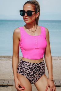 Conjunto de tankini con estampado de moda sin mangas con cuello cuadrado de leopardo