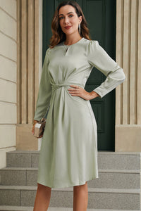 Green Twist Front Tie Back Long Sleeve Satin Dress