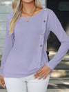 Decorative Button Round Neck Long Sleeve T-Shirt