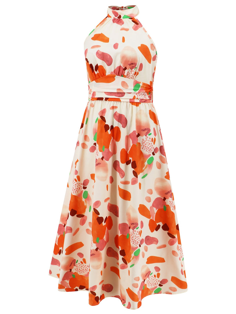 Ruched Printed Halter Neck Sleeveless Dress