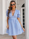 Decorative Button Plaid Short Sleeve Dress