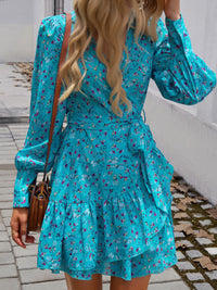 Ruffled Printed Surplice Long Sleeve Mini Dress