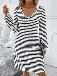 Striped V-Neck Long Sleeve Dress