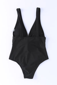 Black Deep V Neck Tie Waist One-piece Swimsuit