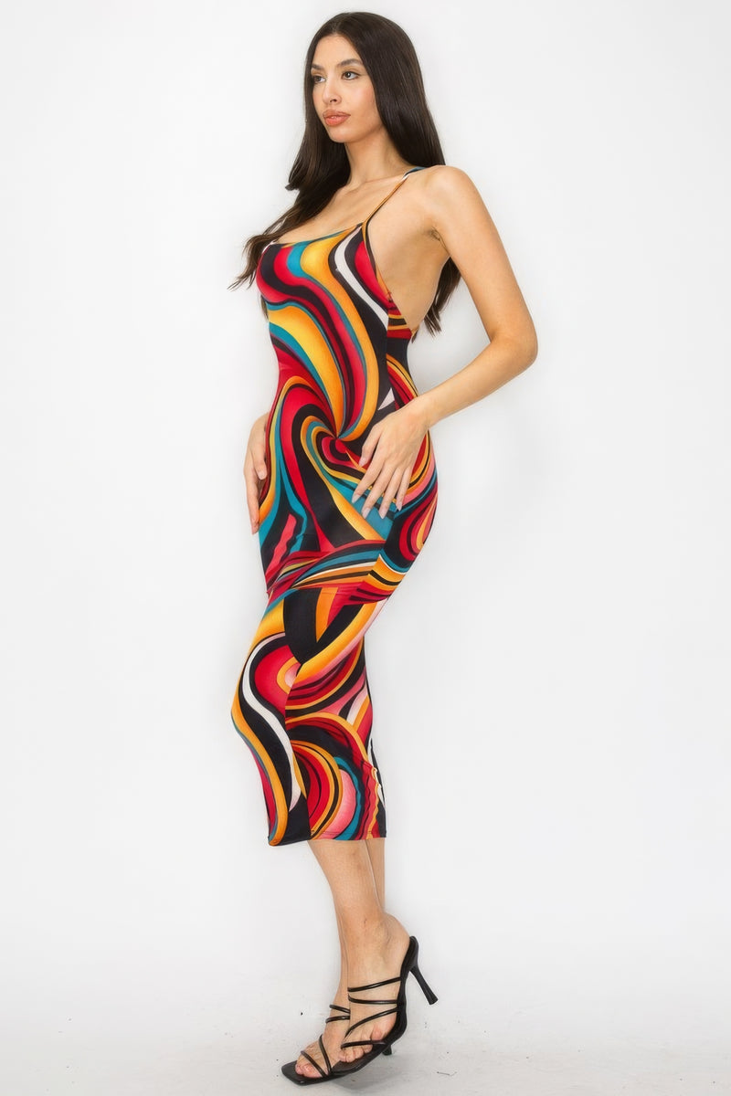 Vestido midi multicolor con estampado de mármol y espalda cruzada