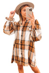 Khaki Plaid Pattern Collared Neck Ruffled Sleeve Shirt Dress