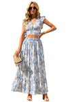 White Floral Ruffled Crop Top and Maxi Skirt Set