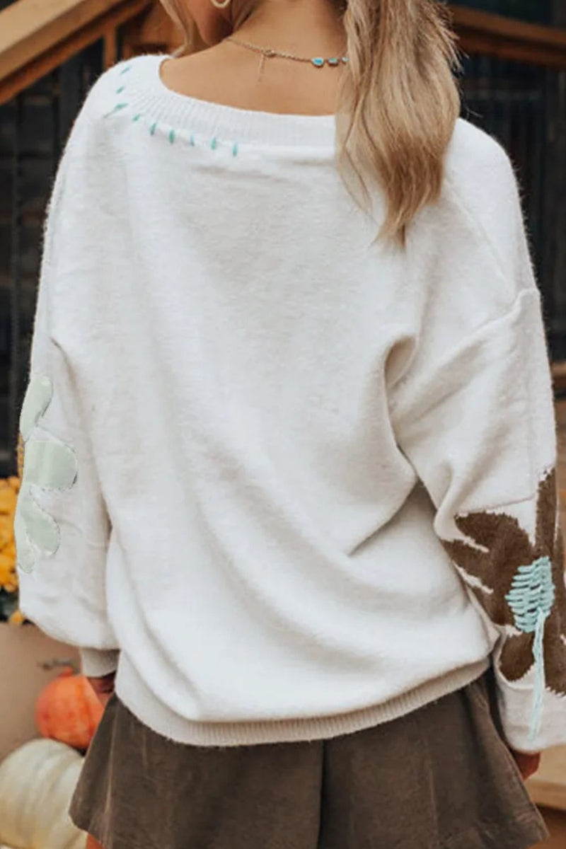 Flower V-Neck Dropped Shoulder Sweater